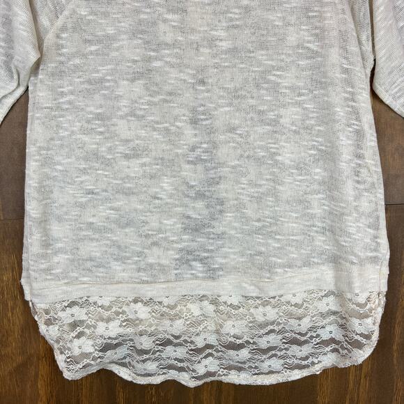 Self Esteem Womens Blouse Beige 3/4 Sleeve Knit Lace Open Back Sheer Linen XL - Picture 4 of 11